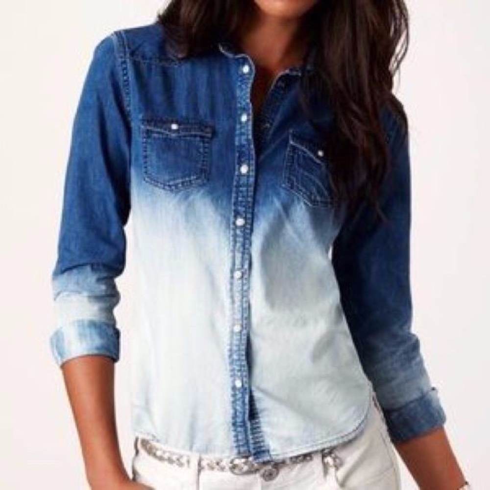 American Eagle Cotton Ombre Gradient Navy and White Denim Shirt